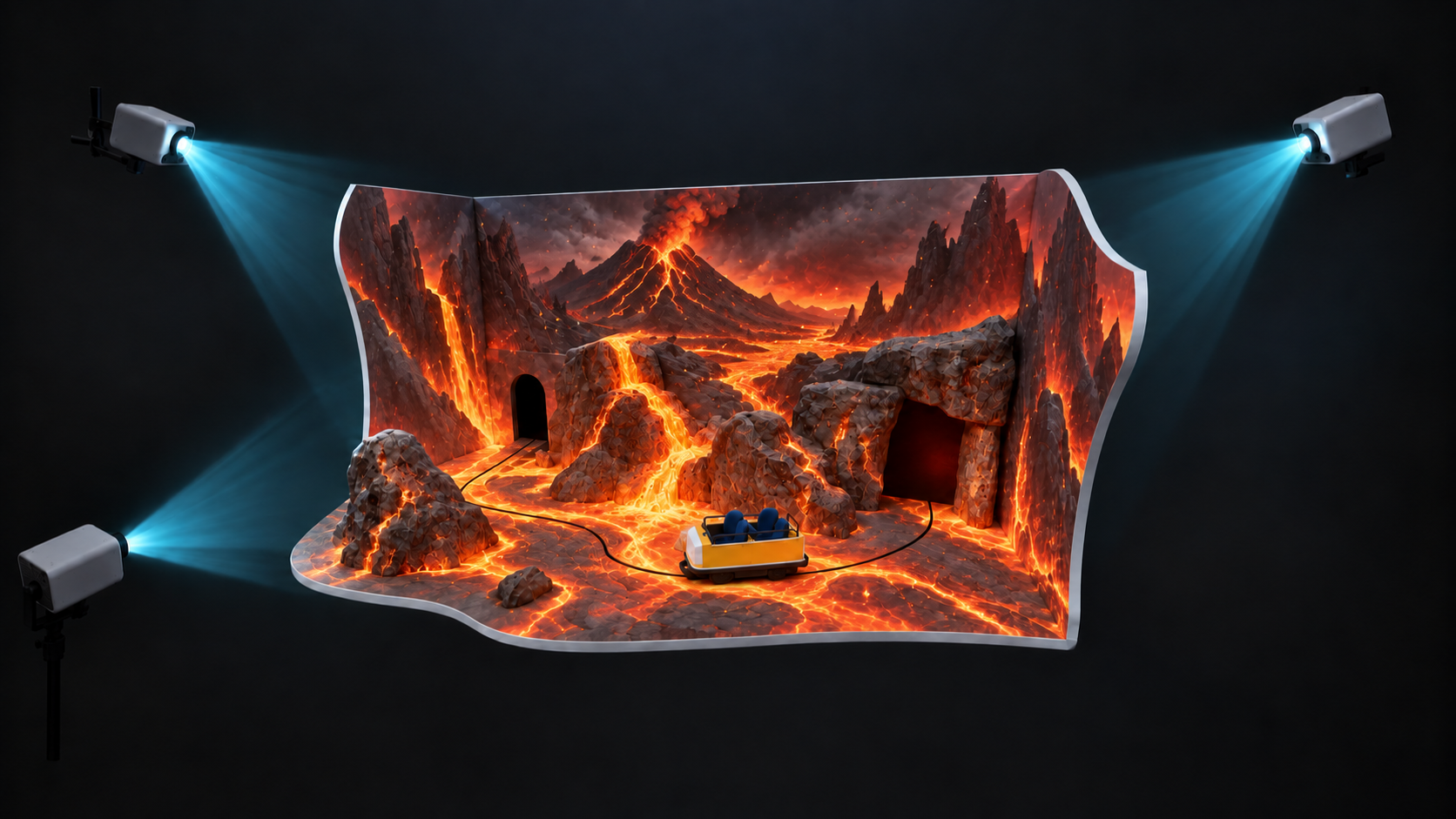 Concept illustration of a projection-mapped ride with volcanic scenery, lava and a ride vehicle