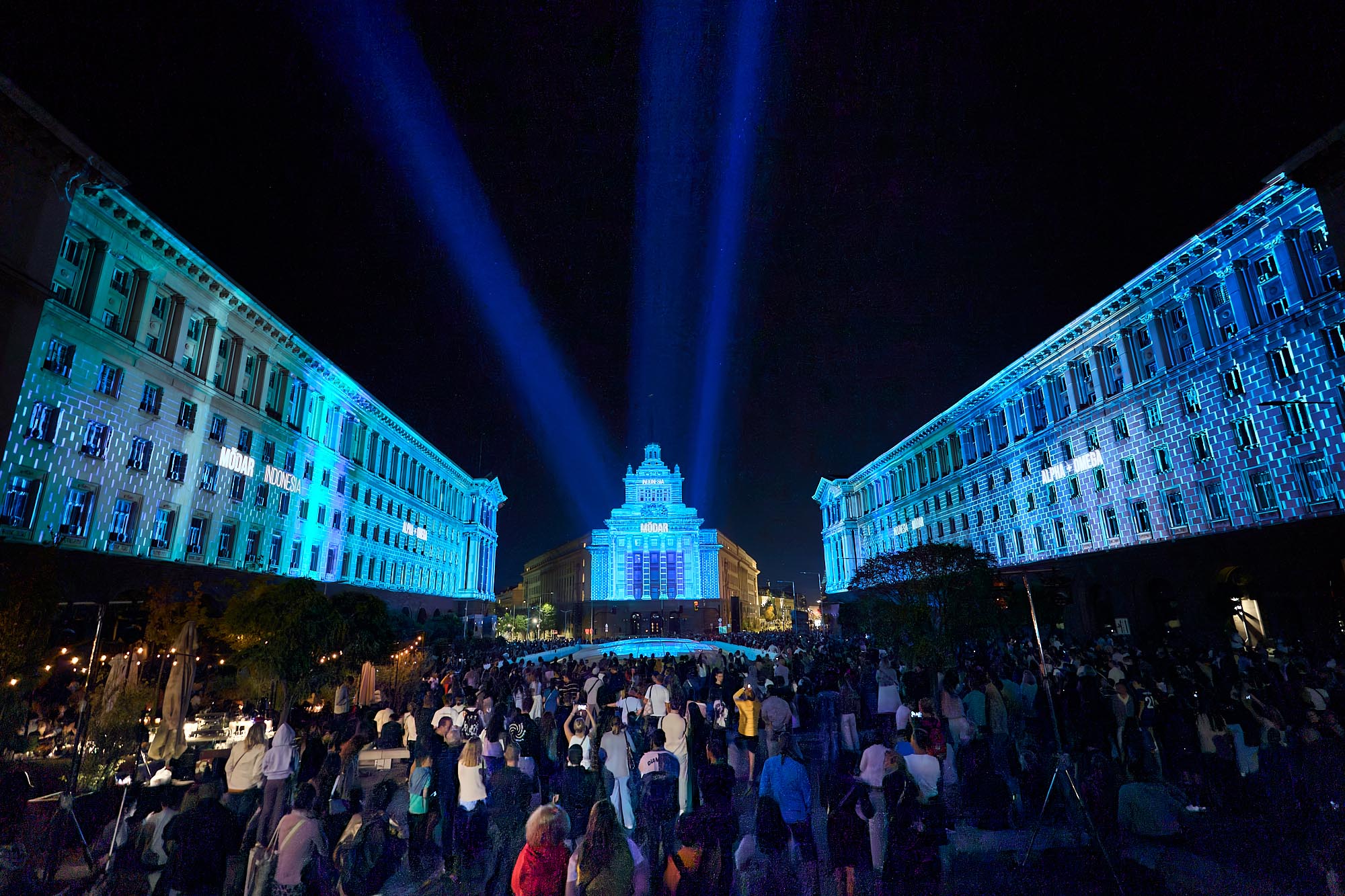 Blue architectural patterns across the Largo facades at LUNAR 2026, Sofia